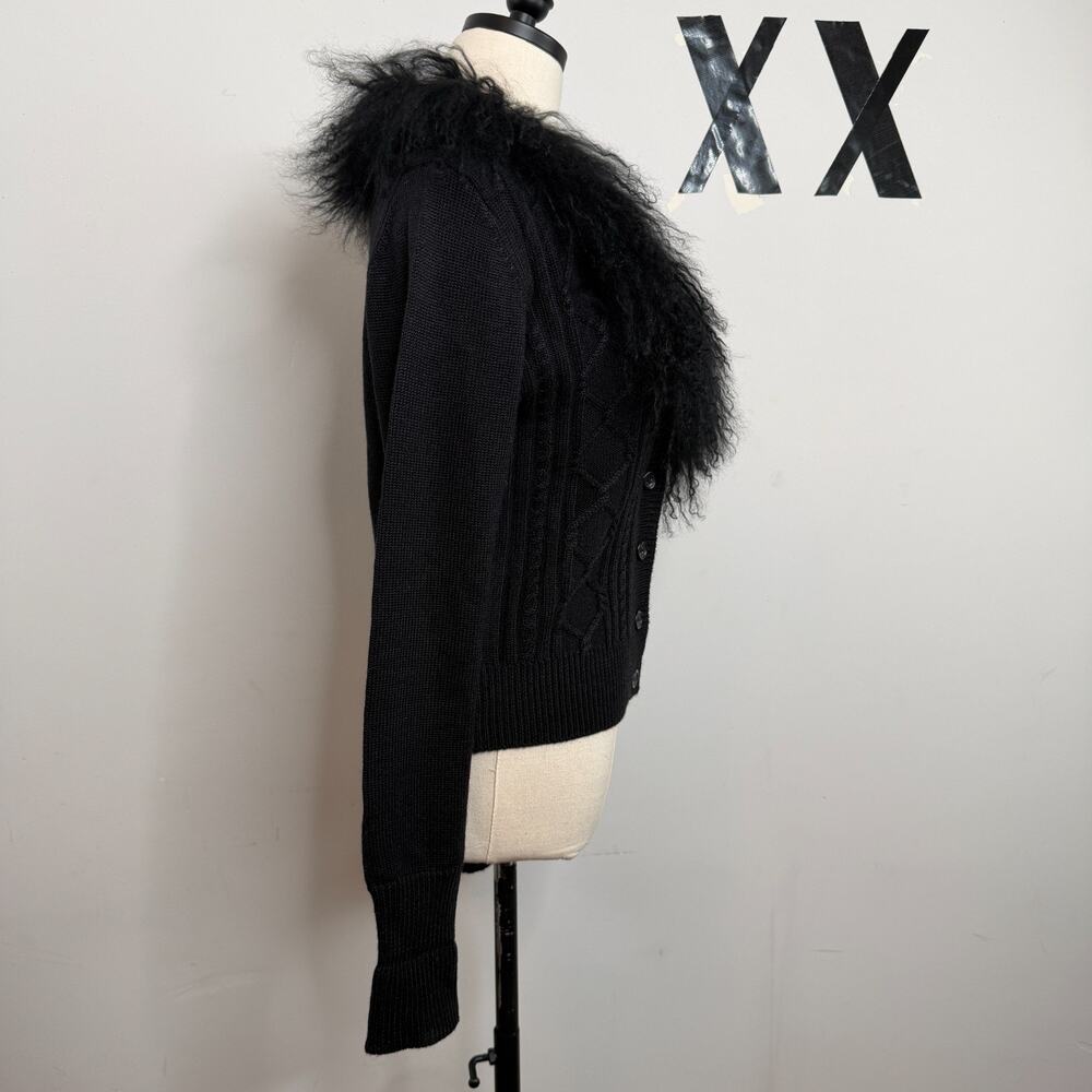 Japanese Real Tibetan Lamb Fur Trim Black Chunky Cable Knit Deep V Cardigan NWT - Picture 3 of 6